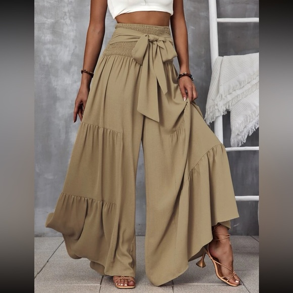 Khaki Stripe Button Pocket Tie Waist Casual Wide Leg Pants main image 1